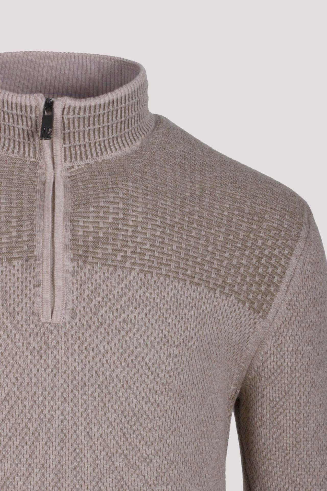 Erkek Yarım Fermuarlı Triko Bej Slim Fit Desenli Pamuklu Knitwear NCS JEANS 3709