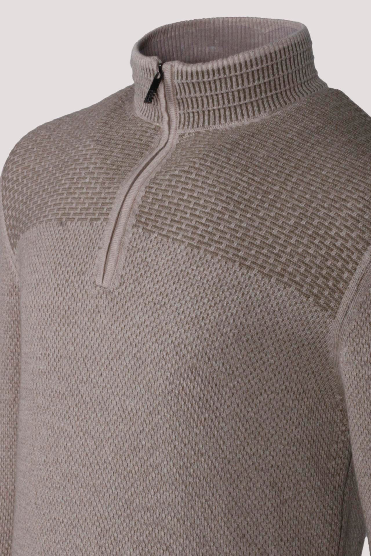Erkek Yarım Fermuarlı Triko Bej Slim Fit Desenli Pamuklu Knitwear NCS JEANS 3709