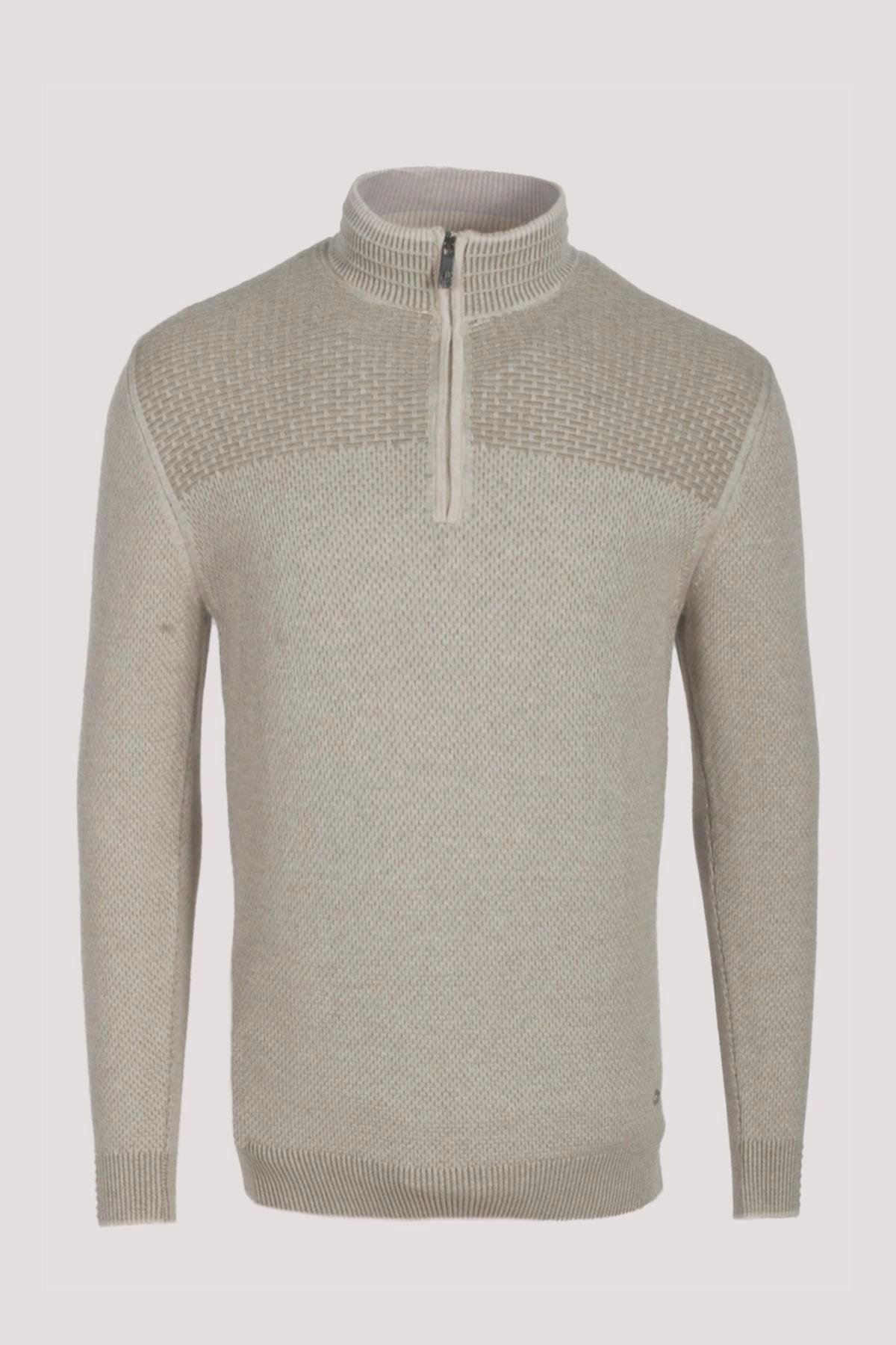 Erkek Yarım Fermuarlı Triko Bej Slim Fit Desenli Pamuklu Knitwear NCS JEANS 3709