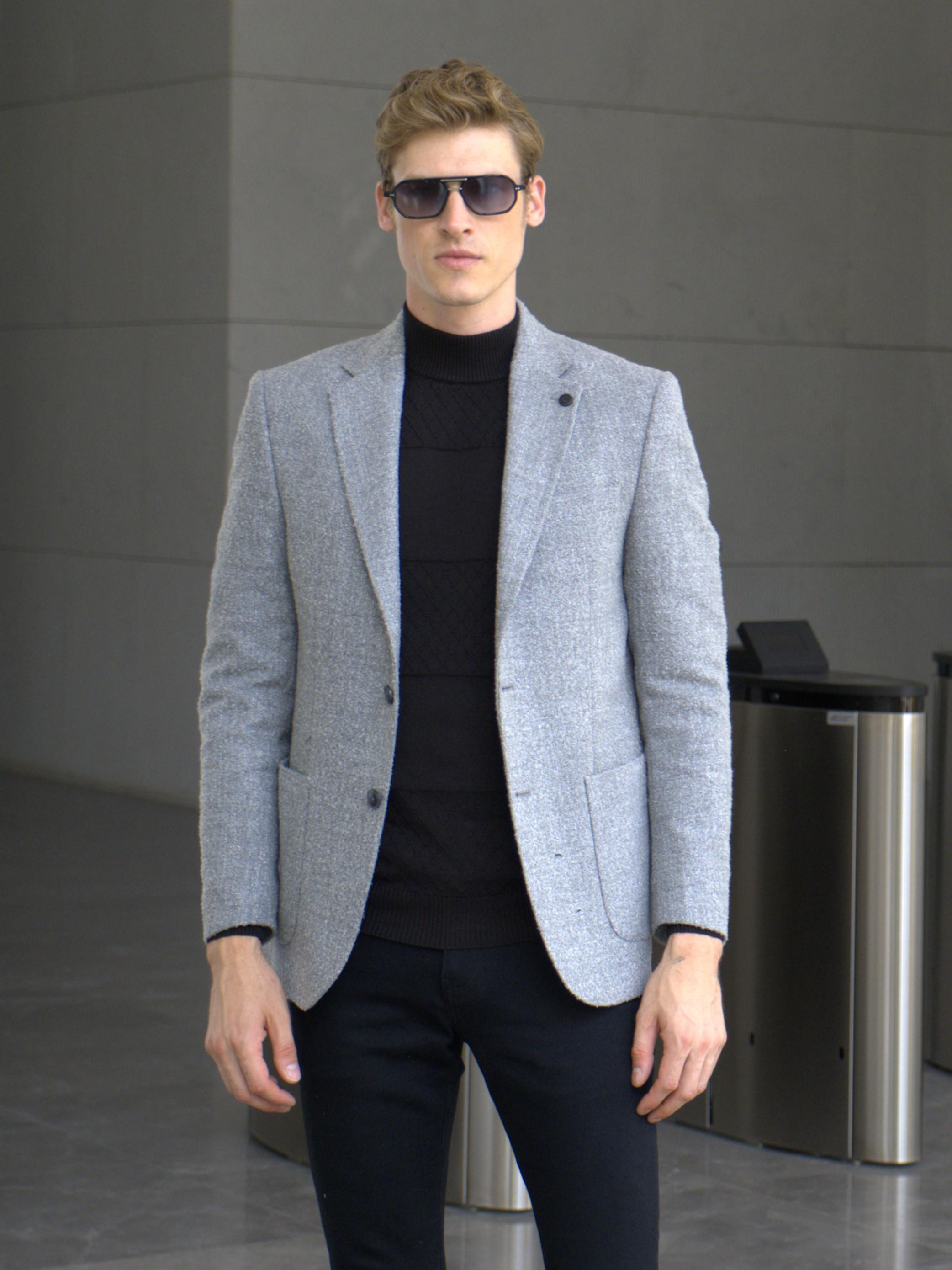 Gri Erkek Yün Ceket Kırçıllı Slim Fit Mono Yaka Torba Cepli Çift Yırtmaçlı Ceket NCS JEANS 4009