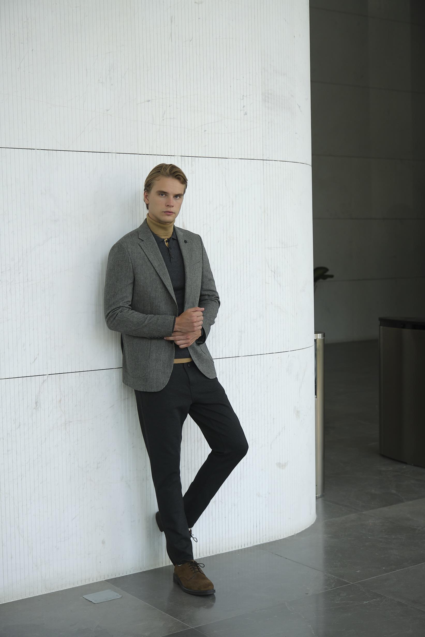 Gri Erkek Yün Ceket Mono Yaka Slim Fit Çift Yırtmaçlı Ceket NCS JEANS 4007