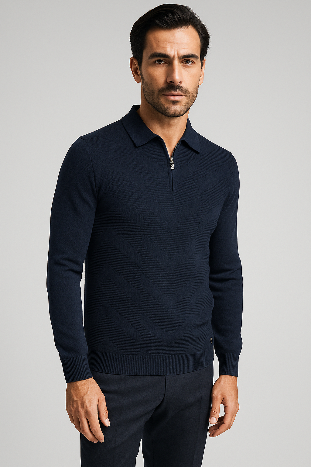 NCS JEANSErkek Polo Yaka Triko Lacivert Slim Fit Yarım Fermuarlı Balık Sırt Desenli Pamuklu Kazak NCS JEANS 30063006