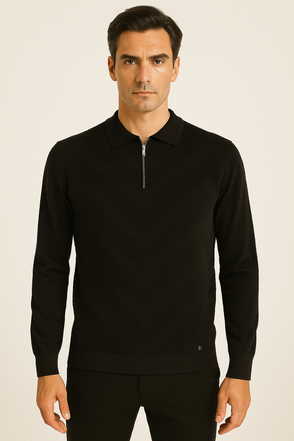 NCS JEANSErkek Polo Yaka Triko Siyah Slim Fit Yarım Fermuarlı Balık Sırt Desenli Pamuklu Kazak NCS JEANS 30063006