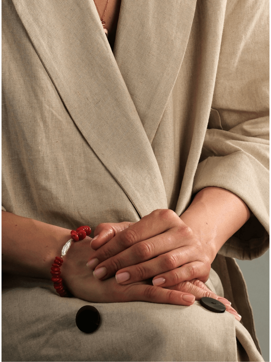 Amorf Barok İncili Kırmızı Mercan Bileklik