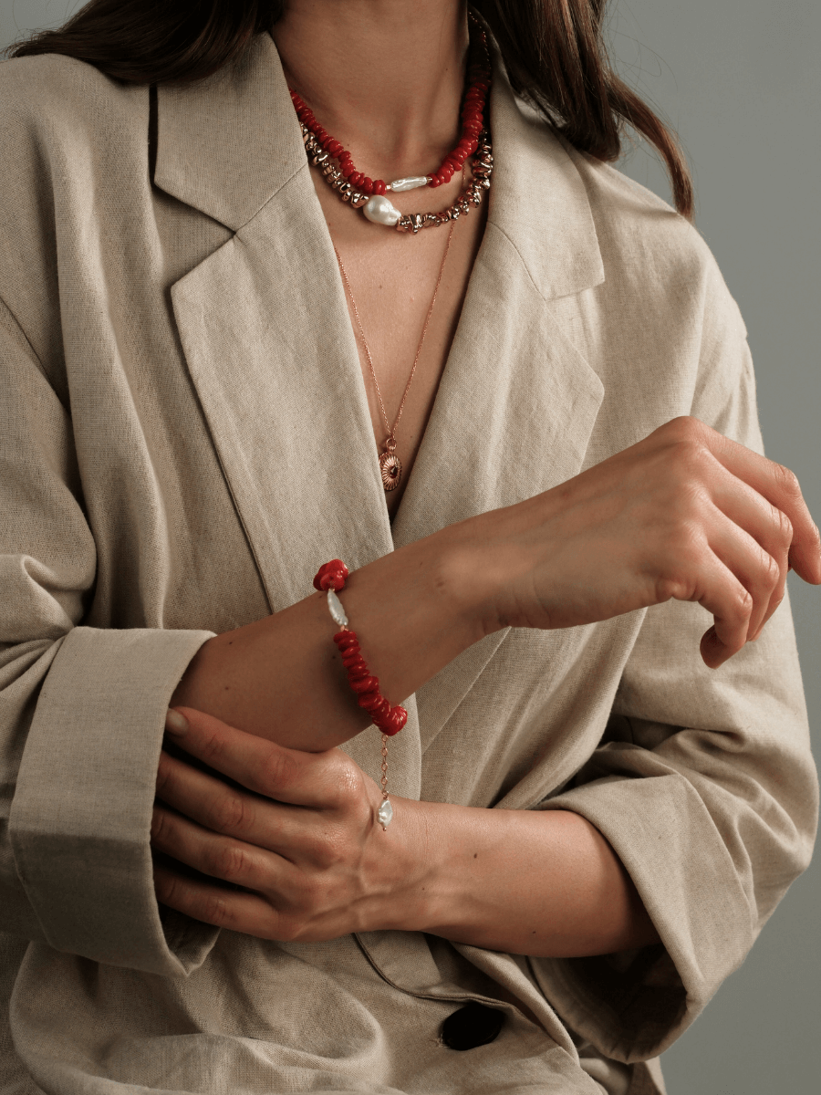 Amorf Barok İncili Kırmızı Mercan Bileklik