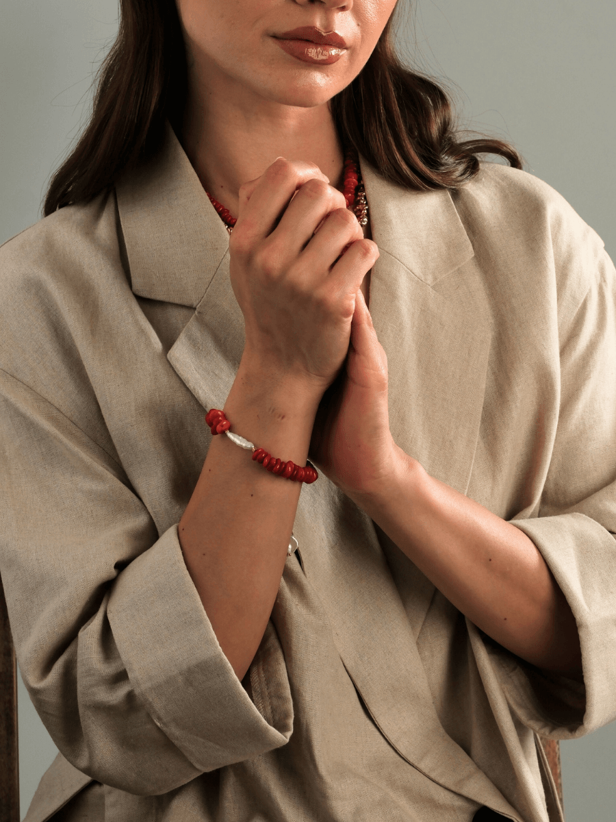 Amorf Barok İncili Kırmızı Mercan Bileklik