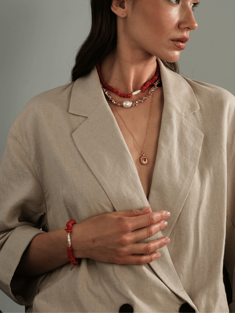 Amorf Barok İncili Kırmızı Mercan Bileklik