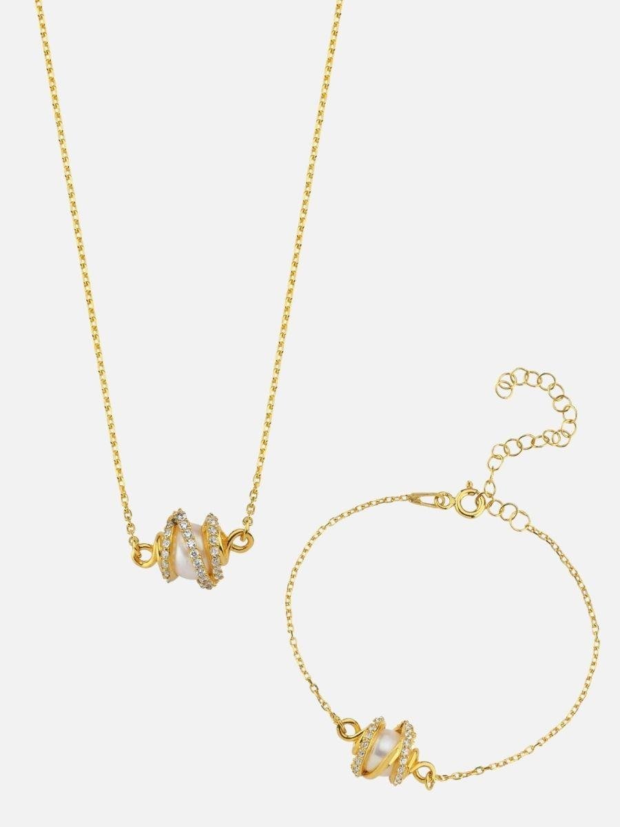 Amour İncili Kafes Detaylı Zincir Kolye ve Amour Kafesli İnci Zincir Bileklik