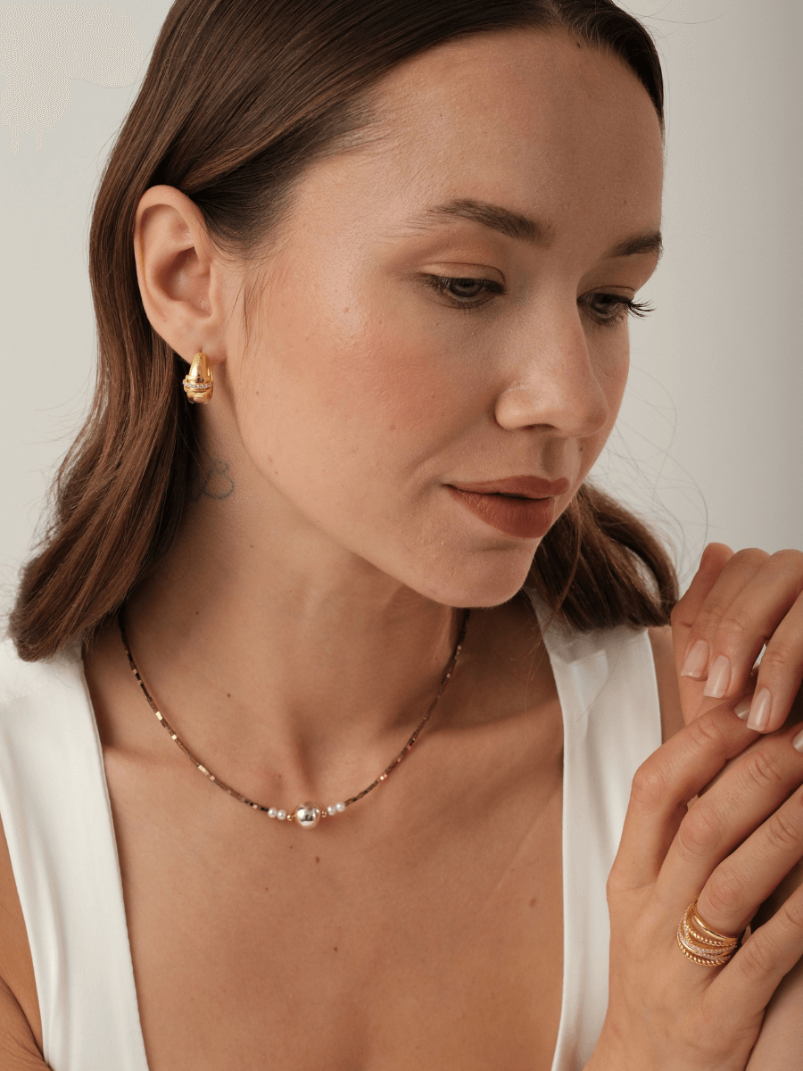 Asel Gümüş Toplu İncili Hematit Taşlı Kolye