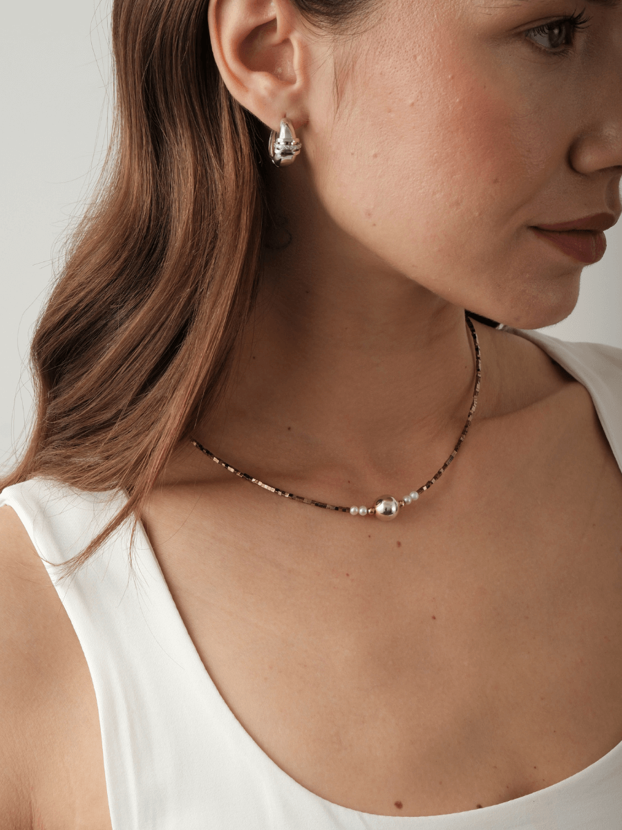 Asel Gümüş Toplu İncili Hematit Taşlı Kolye