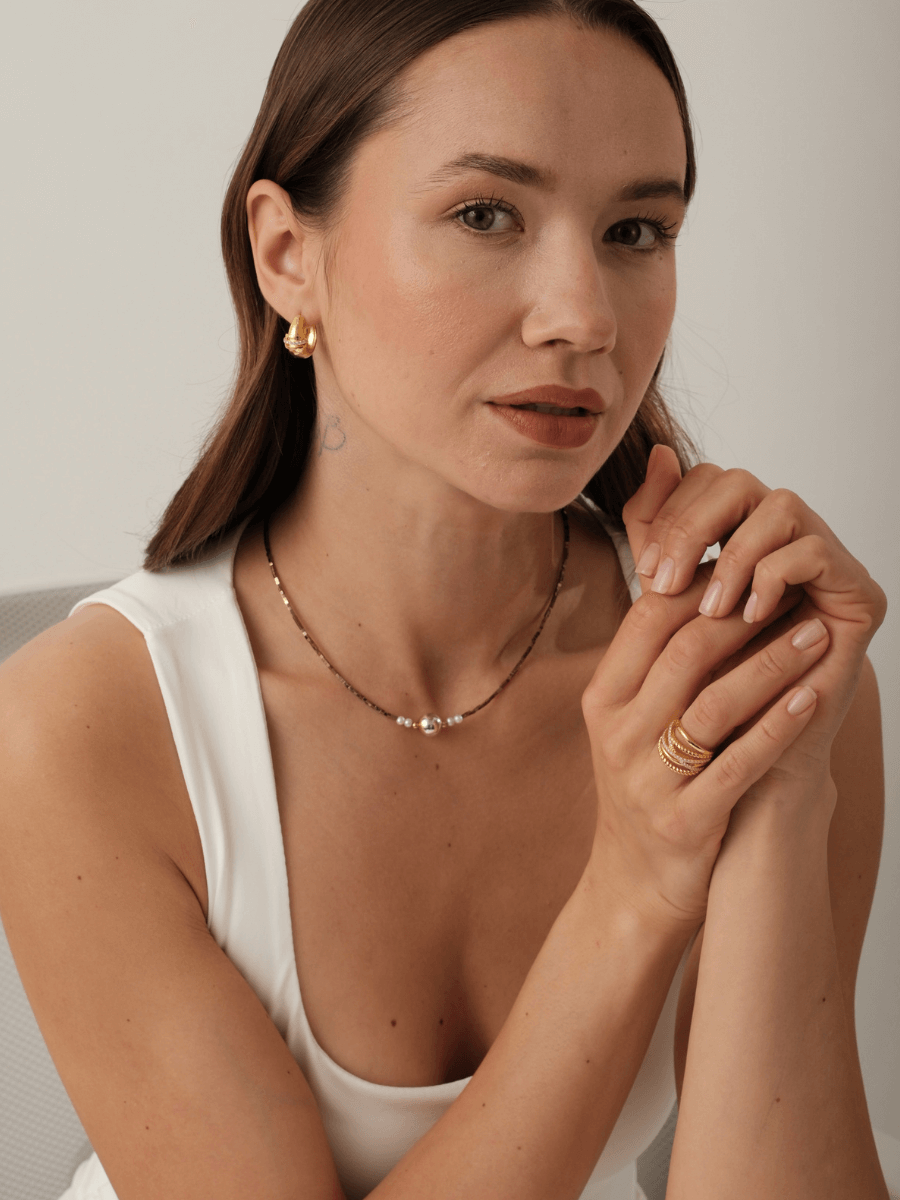 Asel Gümüş Toplu İncili Hematit Taşlı Kolye