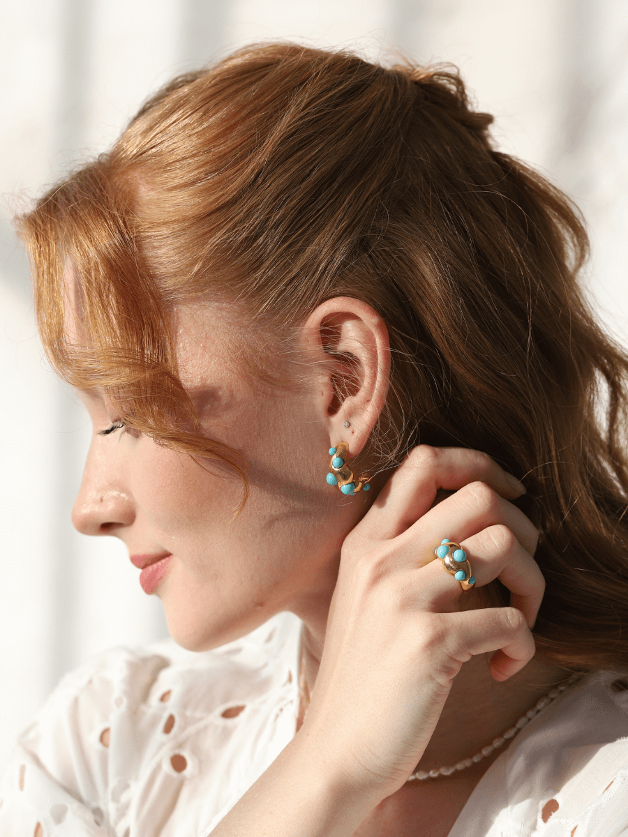 Ayza Turkuaz Yüzük ve Turkuaz Küpe Seti