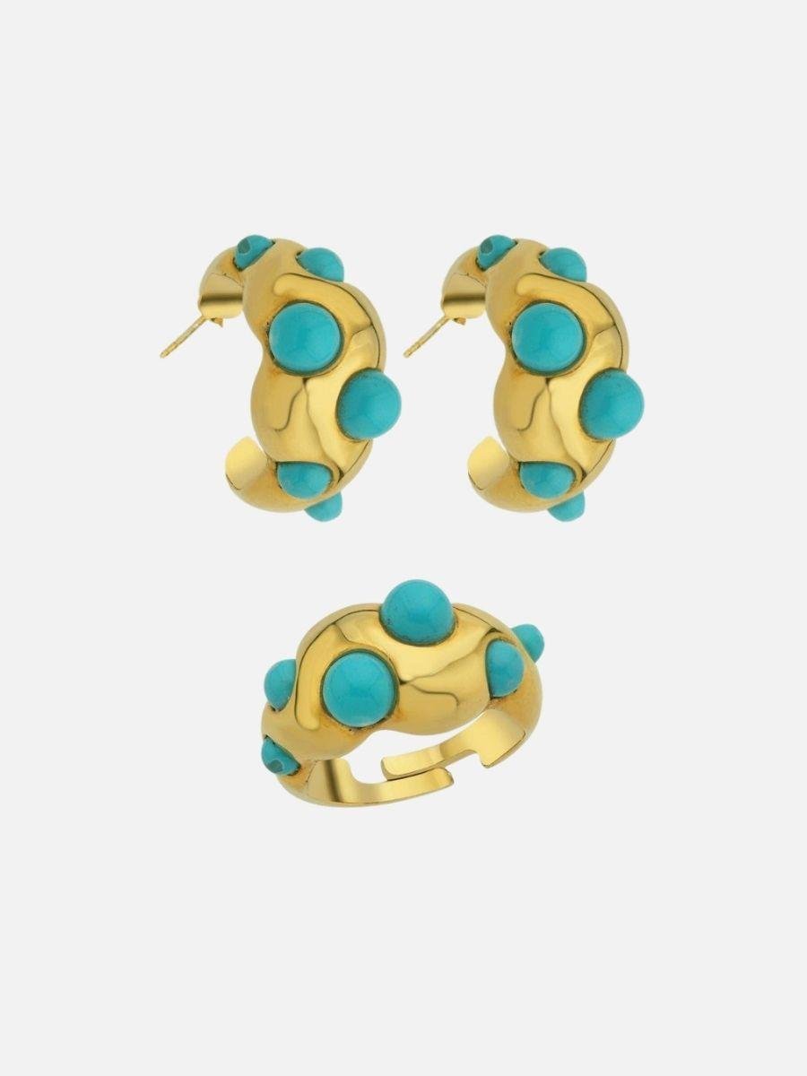 Ayza Turkuaz Yüzük ve Turkuaz Küpe Seti