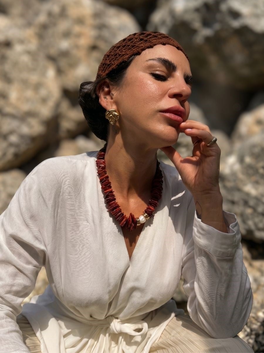 Barok İncili Kahverengi Mercan Doğal Taş Kolye