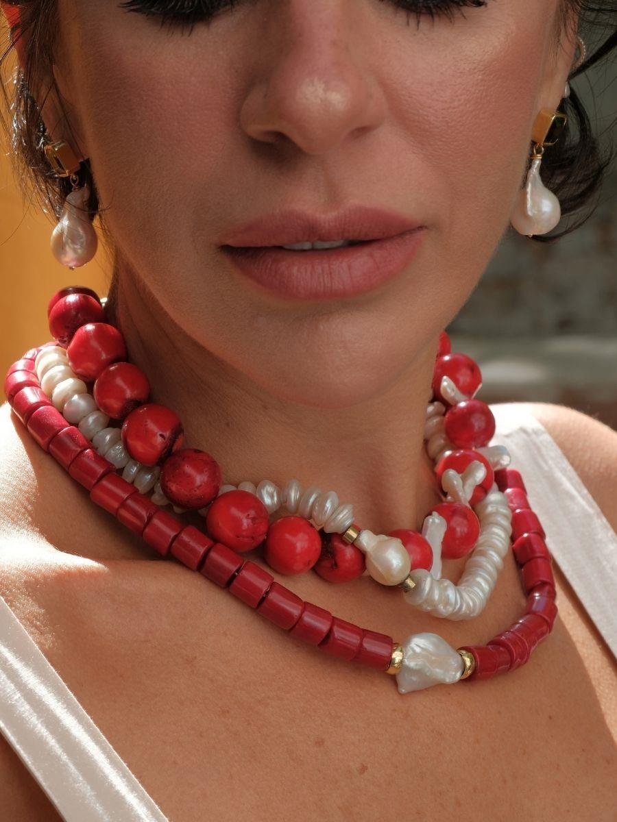 Harmonia Barok İncili Kırmızı Mercan Kolye