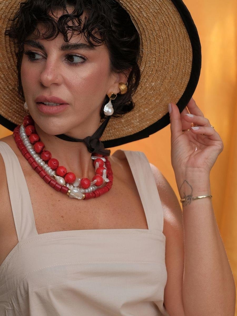 Harmonia Barok İncili Kırmızı Mercan Kolye