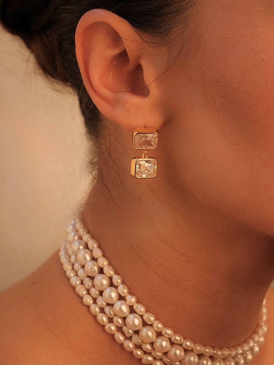 İkili Kristal Taşlı Sallantılı Küpe