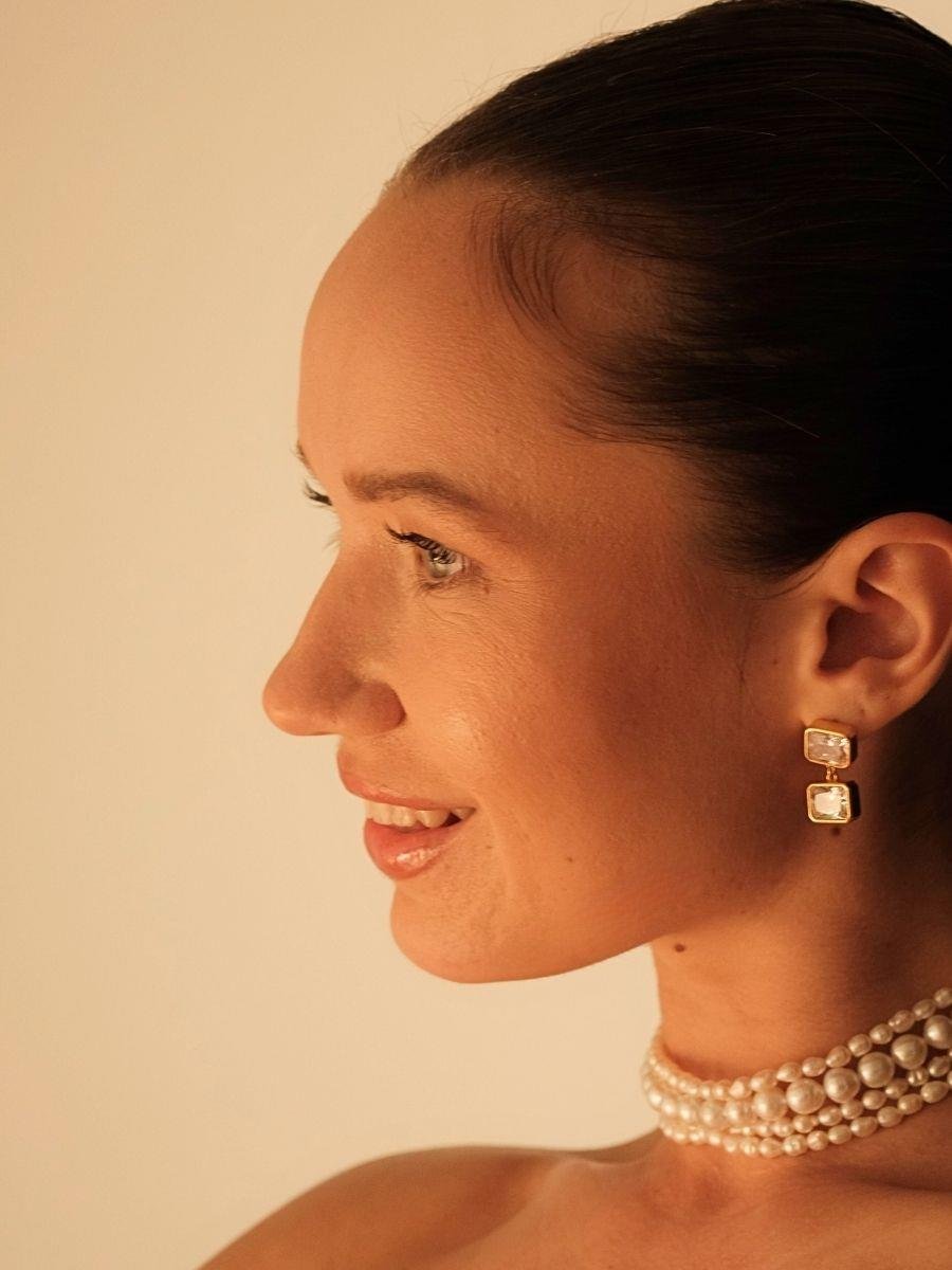 İkili Kristal Taşlı Sallantılı Küpe