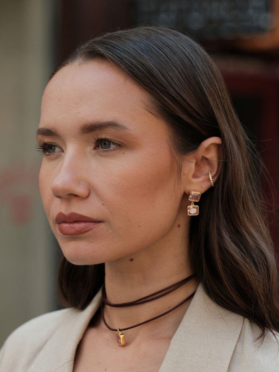 İkili Kristal Taşlı Sallantılı Küpe