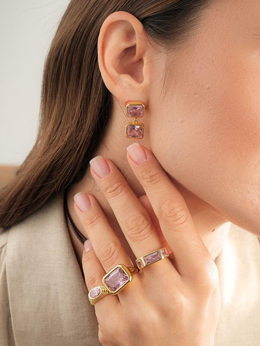 İkili Kristal Taşlı Sallantılı Küpe