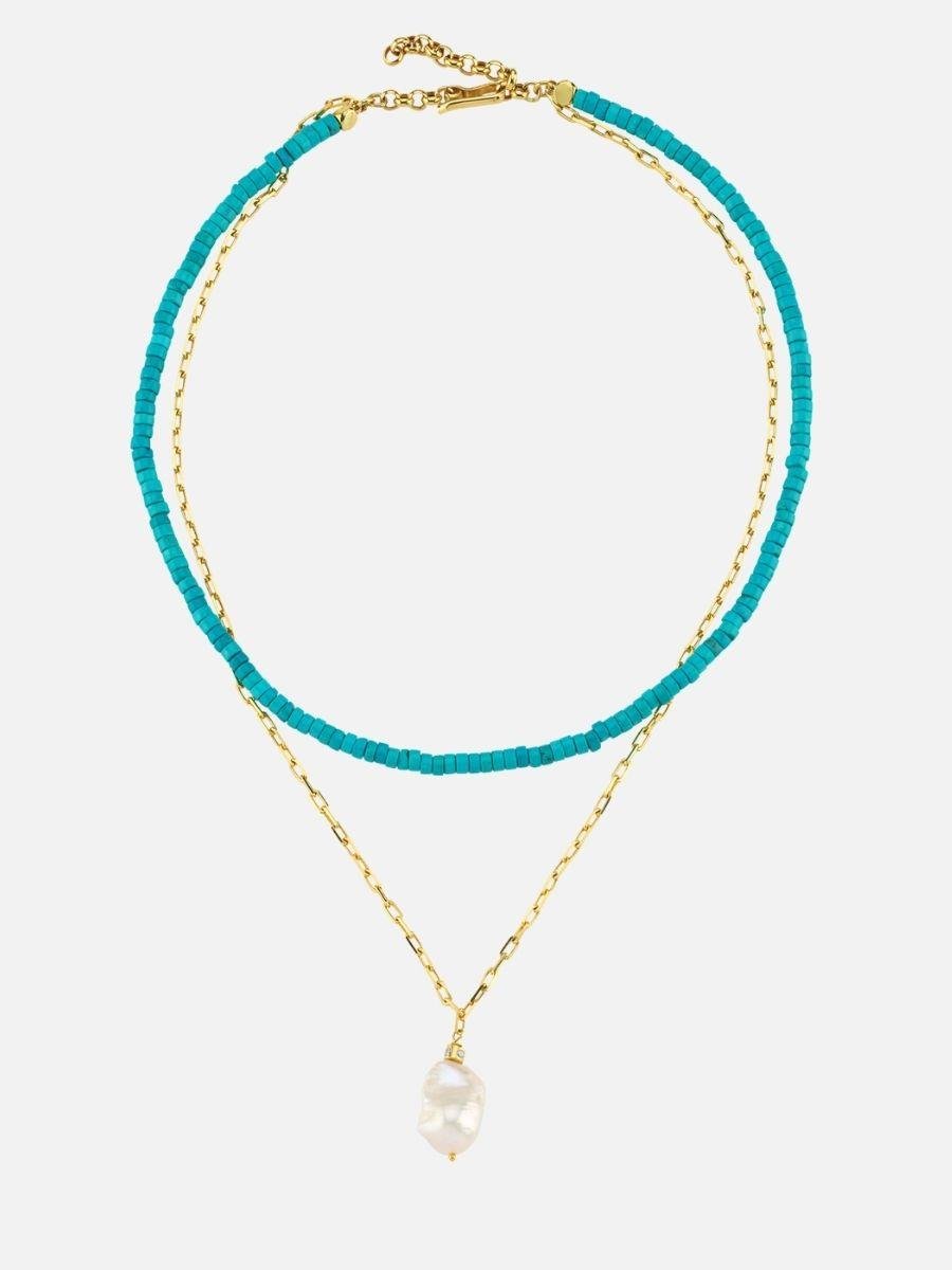 İncili turkuaz Taşlı İkili Zincir Kolye