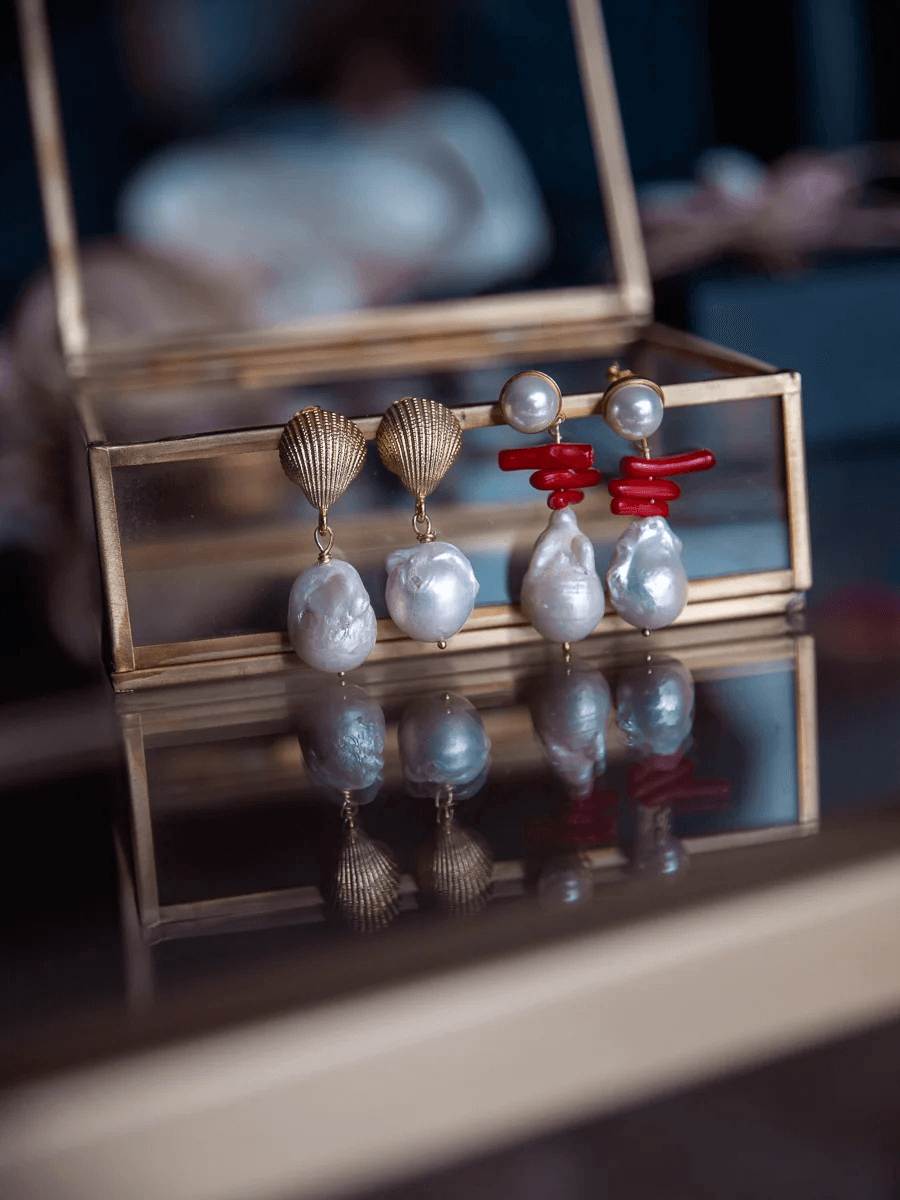 Kırmızı Mercan Barok İnci Küpe