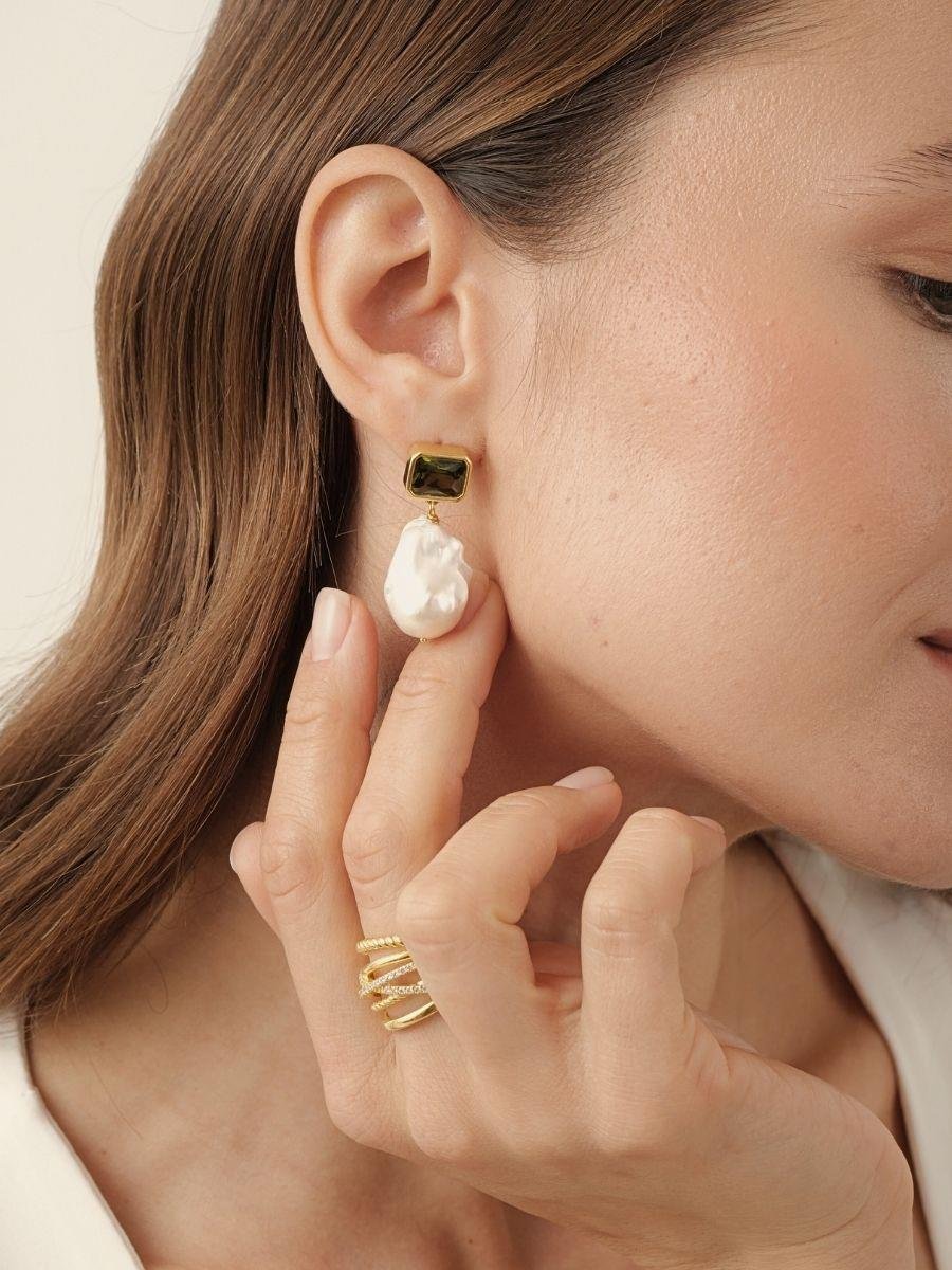 Kristal Taşlı Barok İnci Sallantılı Küpe