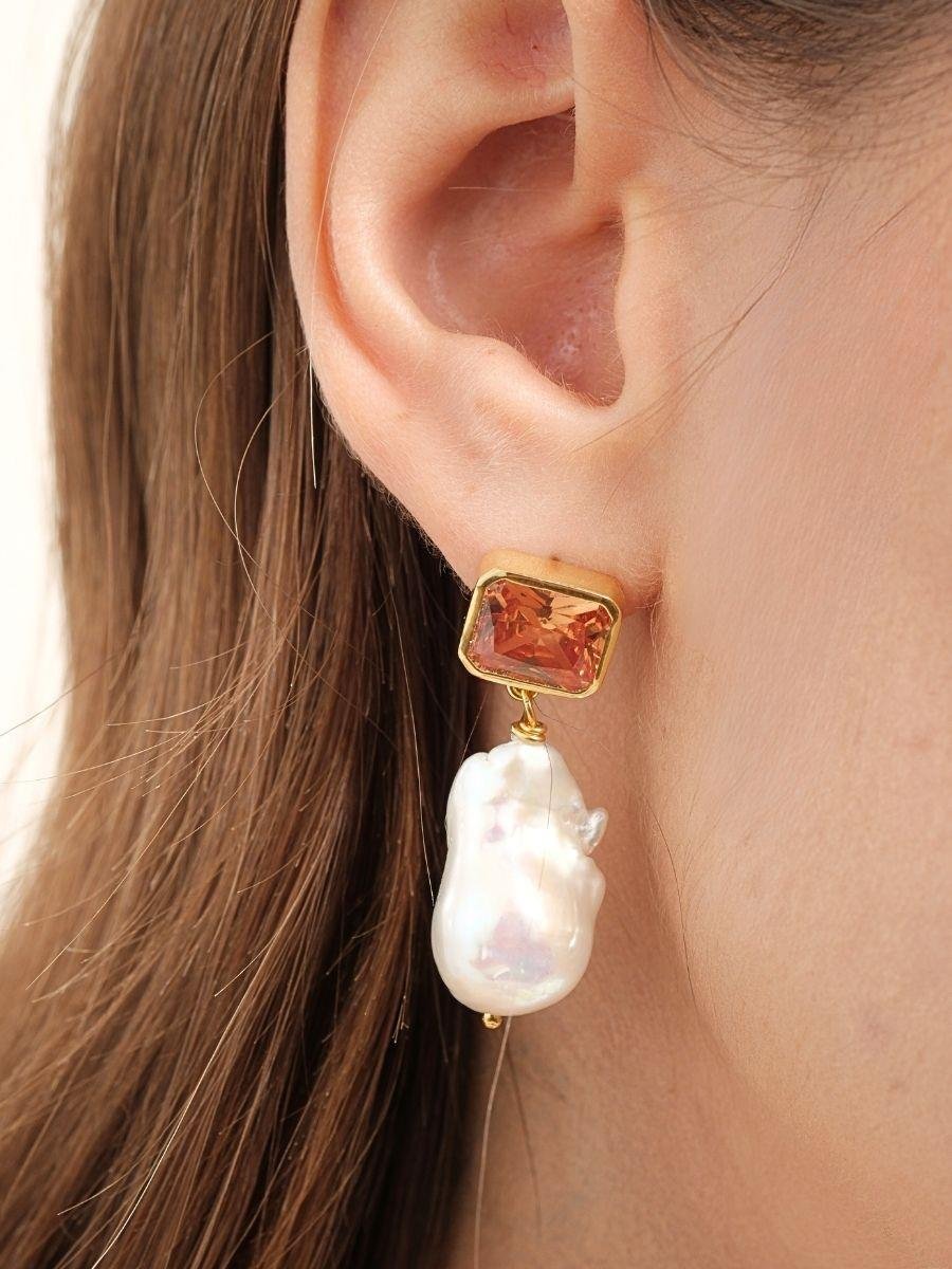 Kristal Taşlı Barok İnci Sallantılı Küpe