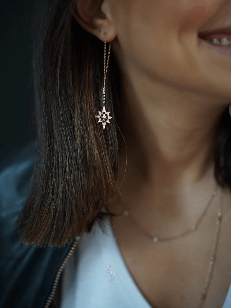 Kutup Yıldızı Siyah Taşlı Sallantılı Küpe