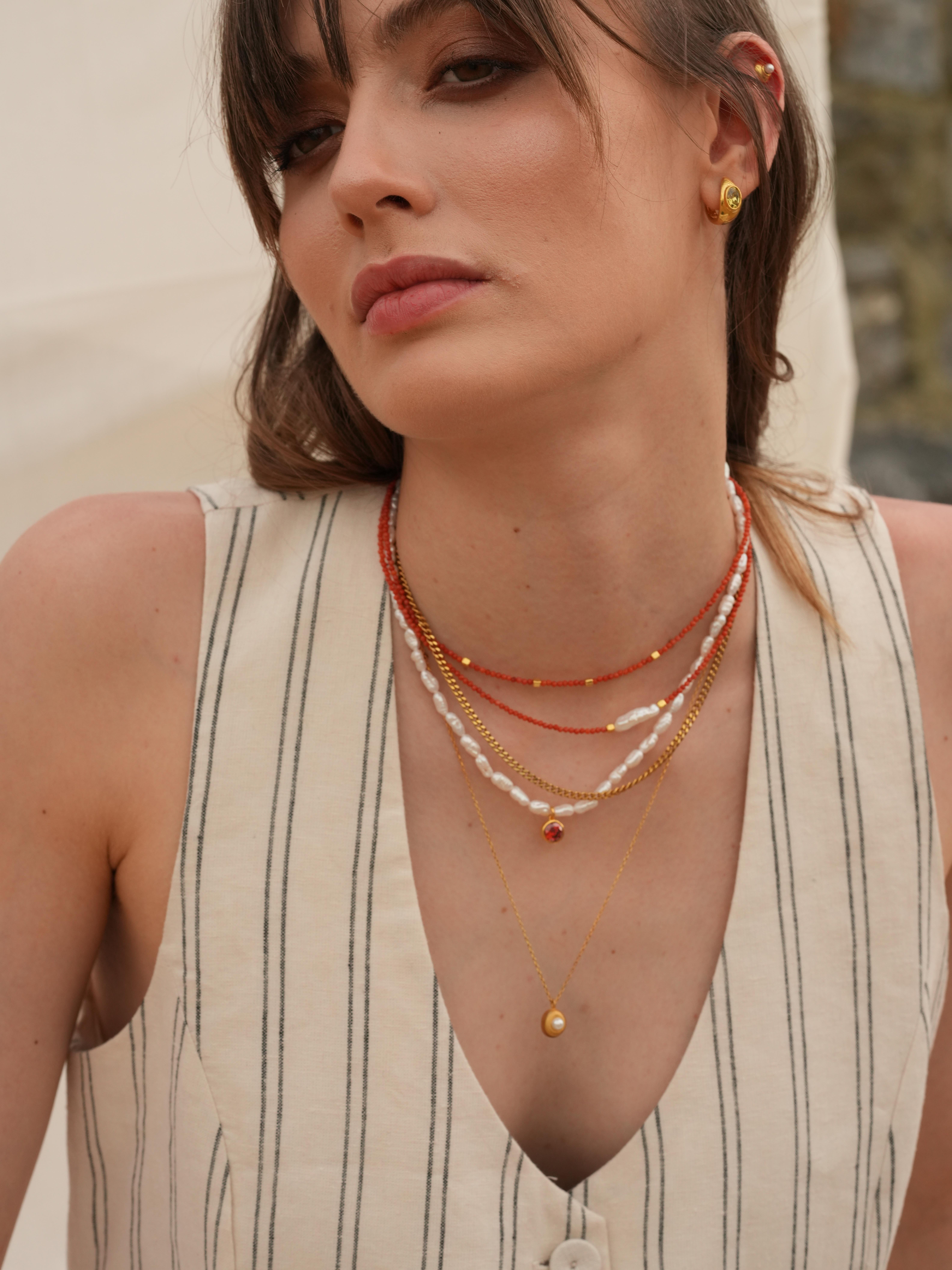 Mira Kırmızı Mercanlı Küçük Toplu Kolye - 925 Ayar Gümüş