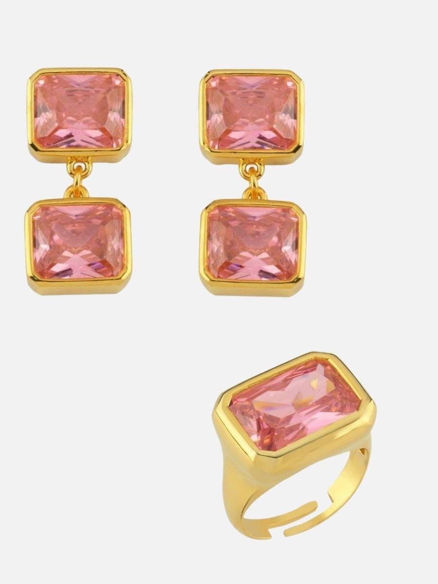 Nova Büyük Kristal Taşlı Yüzük ve İkili Kristal Taşlı Sallantılı Küpe set 