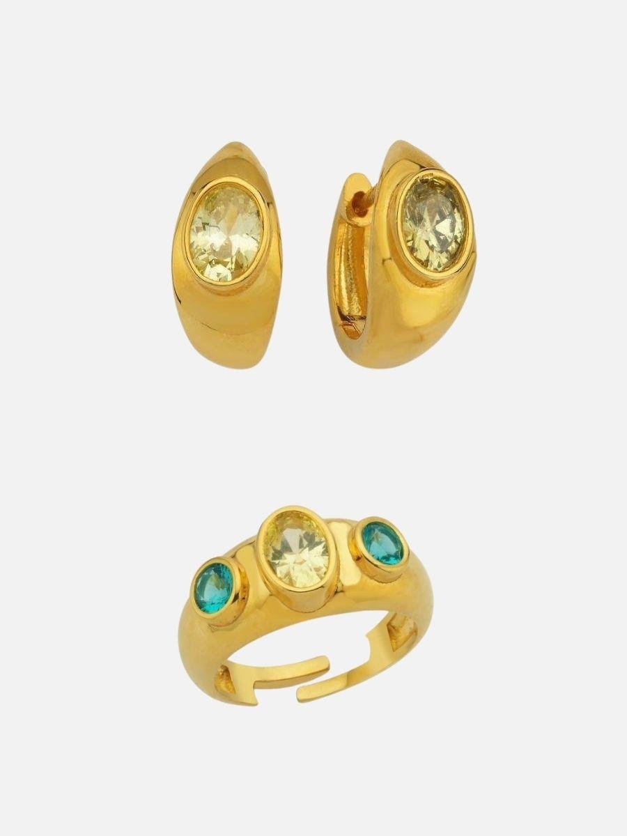 Rosie Renkli Taşlı Yüzük ve Lina Damla Taşlı Küpe set 