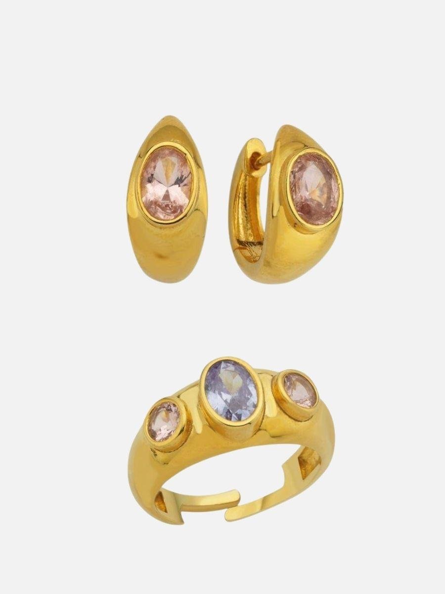 Rosie Renkli Taşlı Yüzük ve Lina Damla Taşlı Küpe set 