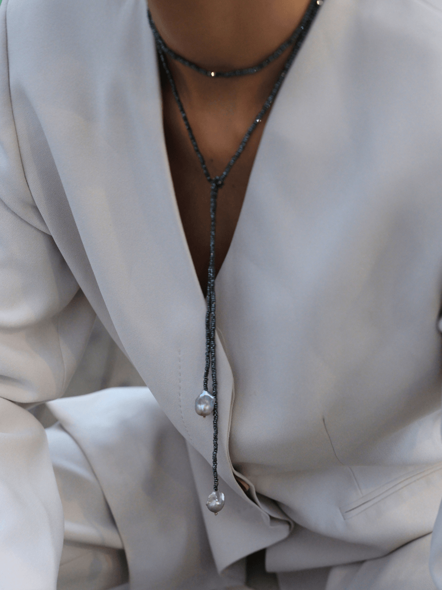 Sedna Barok İncili Hematit Taşlı Uzun Kolye