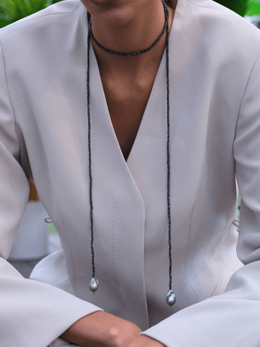 Sedna Barok İncili Hematit Taşlı Uzun Kolye