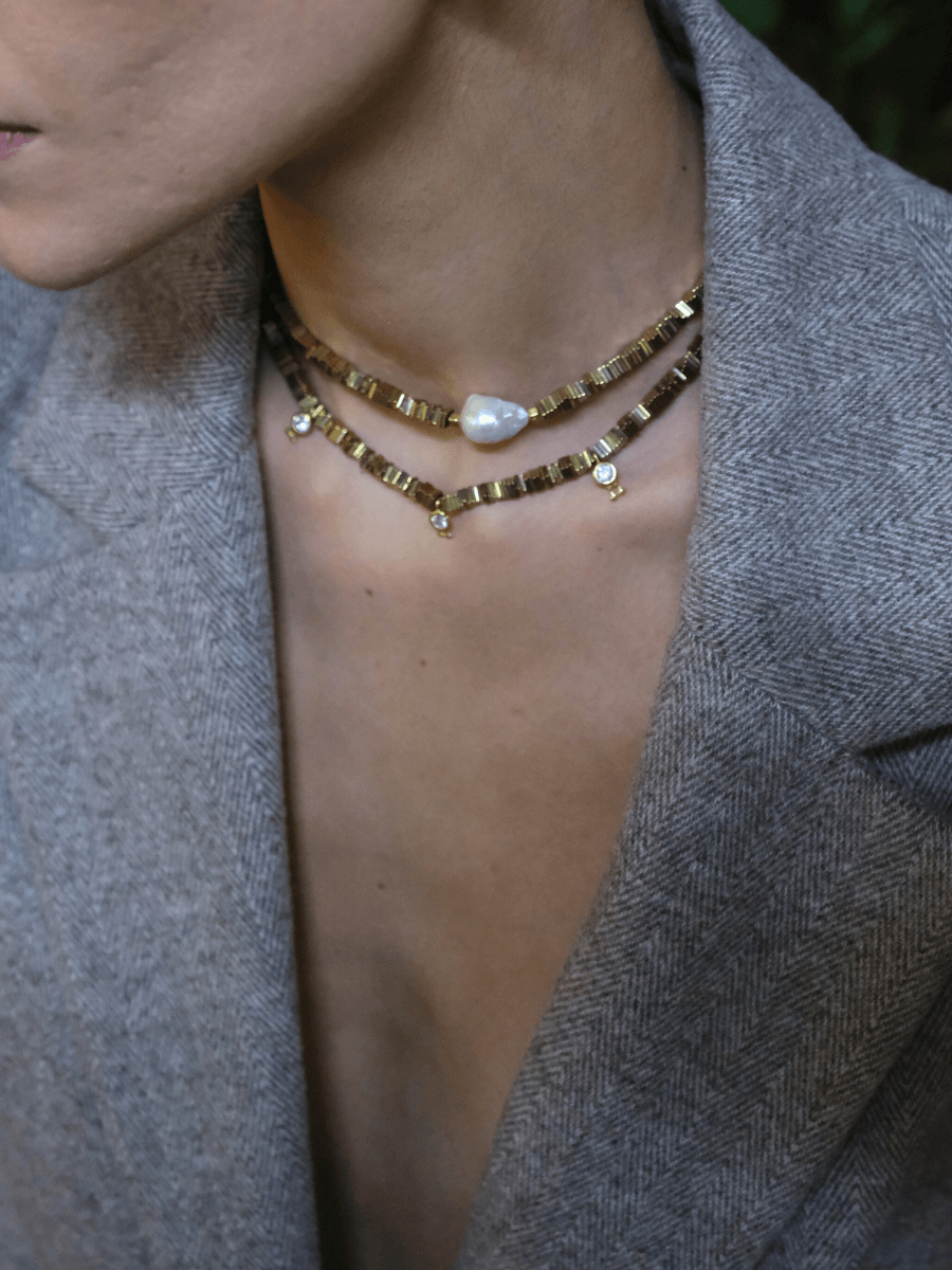 Yarn Barok İncili Hematit Taşlı Kolye