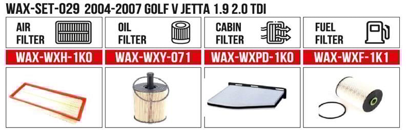  Filtre Set 2004-2007 GOLF V JETTA 1.9 2.0 TDI (Hava+Yağ+Polen+ Yakıt)