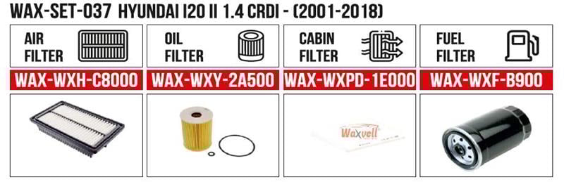  КОМПЛЕКТ ФИЛЬТРОВ HYUNDAI i20 II 1.4 CRDi - (2001-2018) (ВОЗДУХ+МАСЛО+КАБИН+ТОПЛИВО)