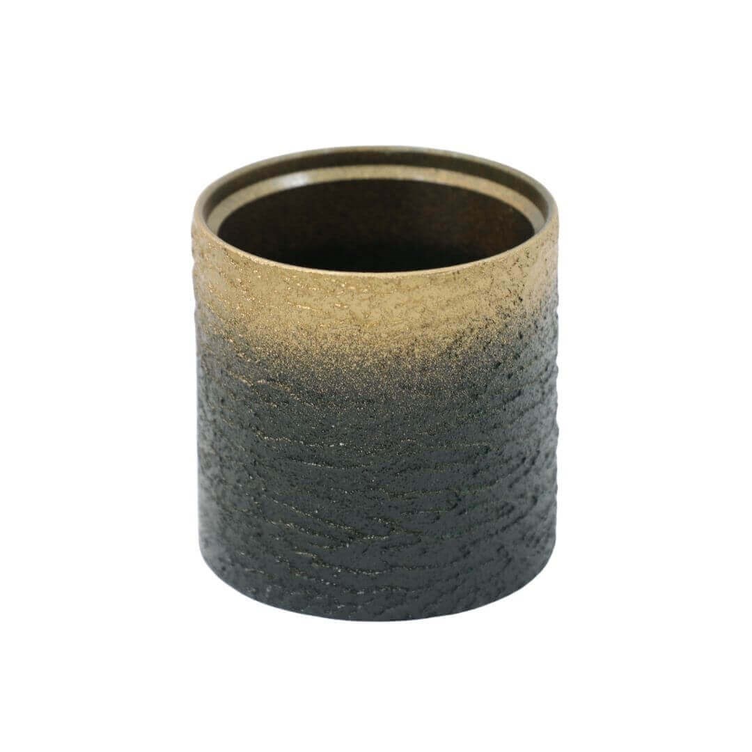 Dalgalı dokulu beton silindir saksı 12,5x12 cm, altın yaldızlı mavi