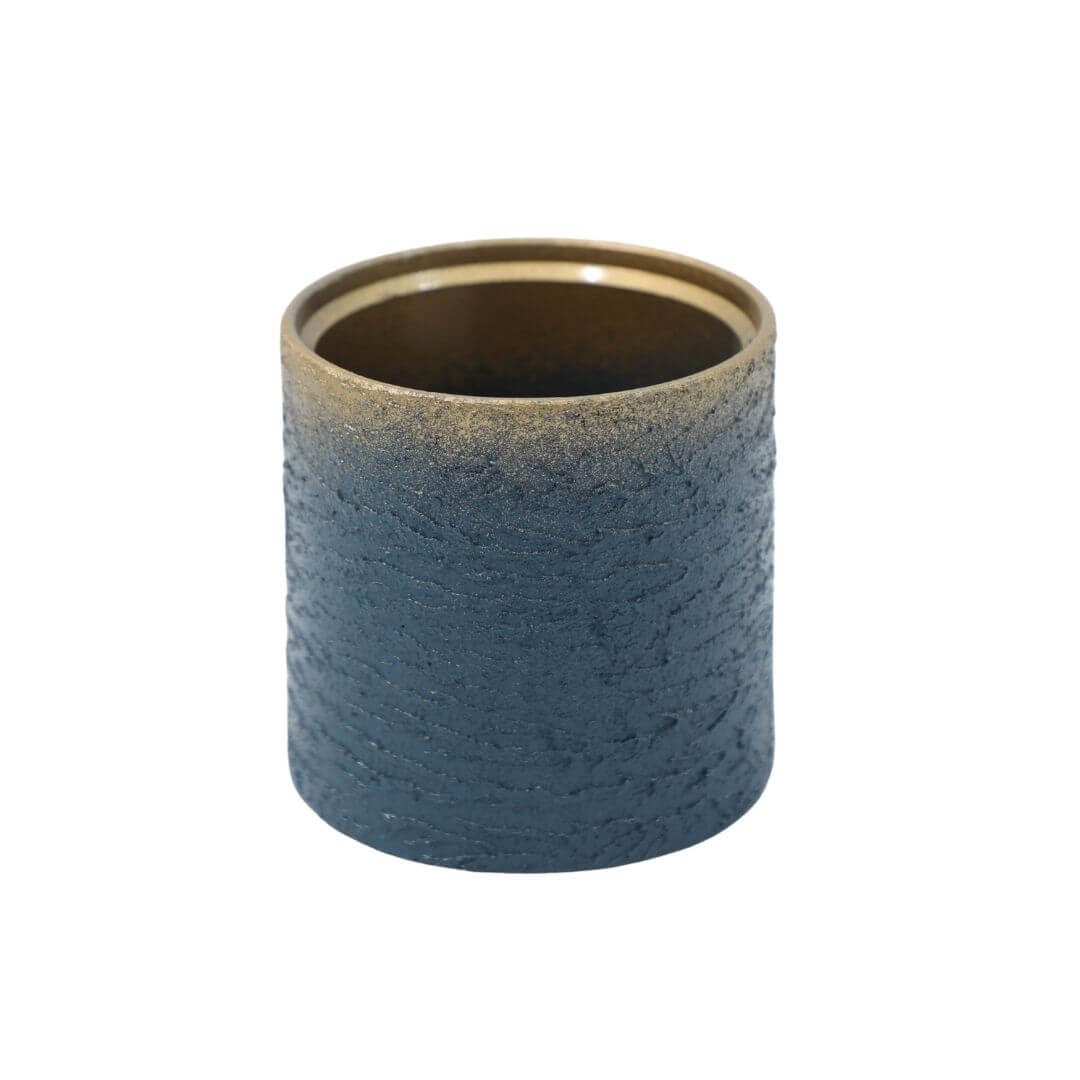 Dalgalı dokulu beton silindir saksı 12,5x12 cm, altın yaldızlı koyu yeşil