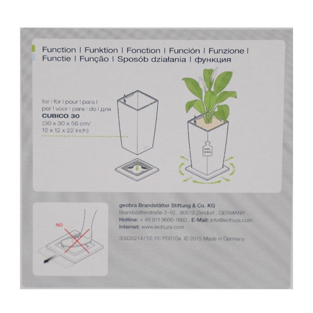 Lechuza Cubico 30 taban aksesuarının kullanım kartı, saksıya montaj çizimi
