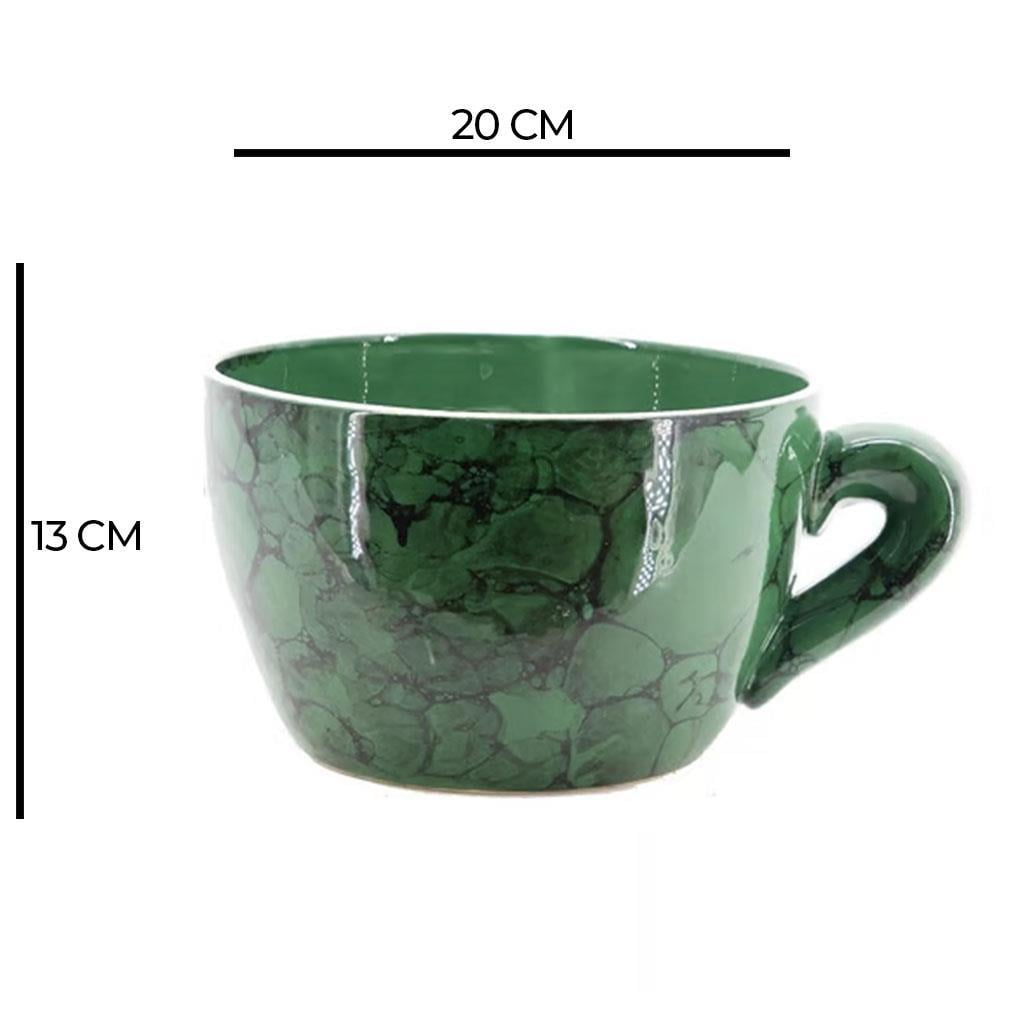 Fincan biçimli seramik saksı 20x13 cm, siyah mermer desenli, kulplu