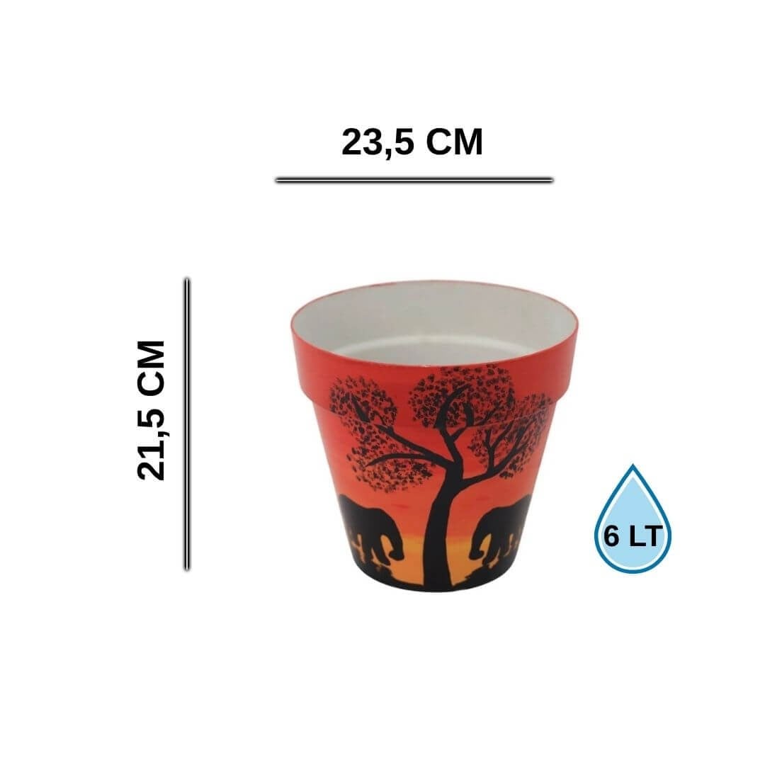Mavi yaprak desenli saksı ölçüleri: 23,5 cm çap, 21,5 cm yükseklik, 6 litre