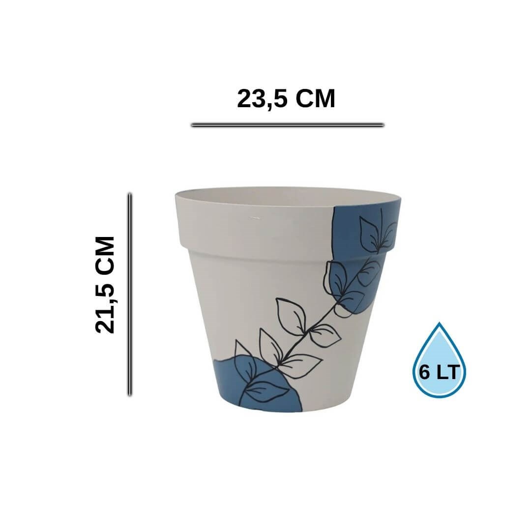 Mavi-pembe soyut desenli saksı ölçüleri: 23,5 cm çap, 21,5 cm yükseklik, 6 litre