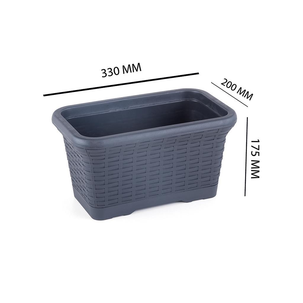 Antrasit hasır balkon saksısı ölçüleri: 330 mm uzunluk, 200 mm genişlik, 175 mm yükseklik