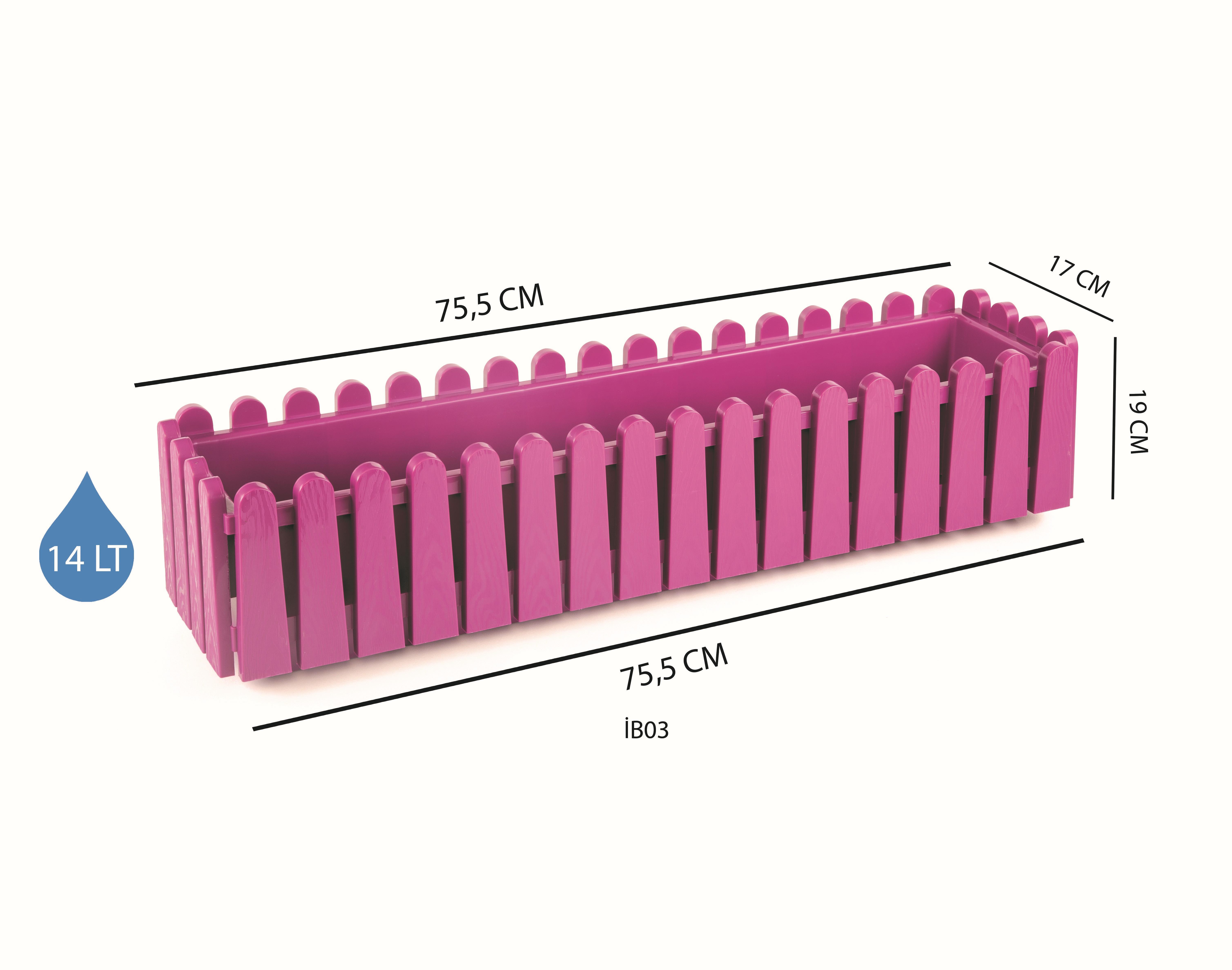 Mor çit desenli balkon saksısı İB03 ölçüleri: 75,5 cm uzunluk, 17 cm genişlik, 19 cm yükseklik, 14 litre