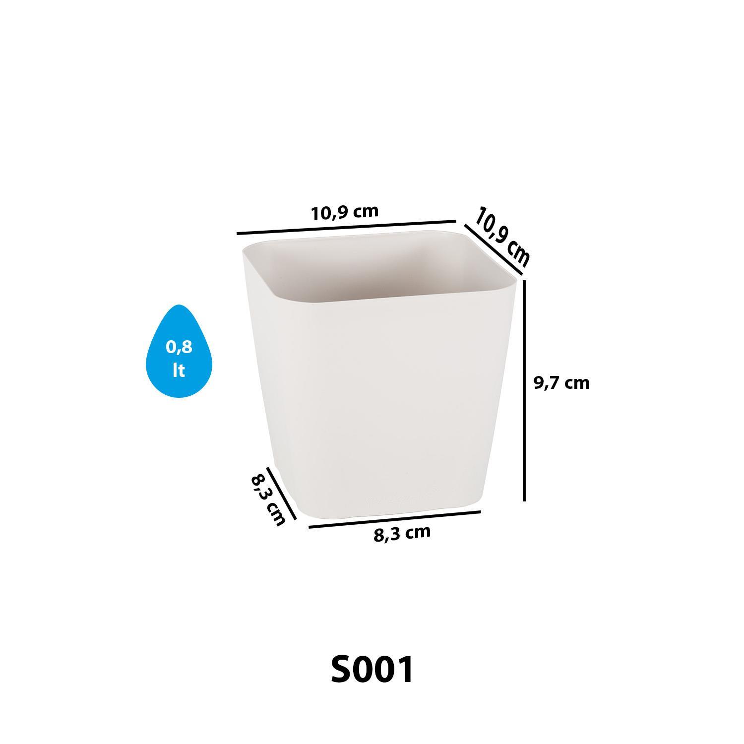 Beyaz kare saksı S001 ölçüleri: 10,9x10,9 cm üst, 8,3x8,3 cm taban, 9,7 cm yükseklik, 0,8 litre