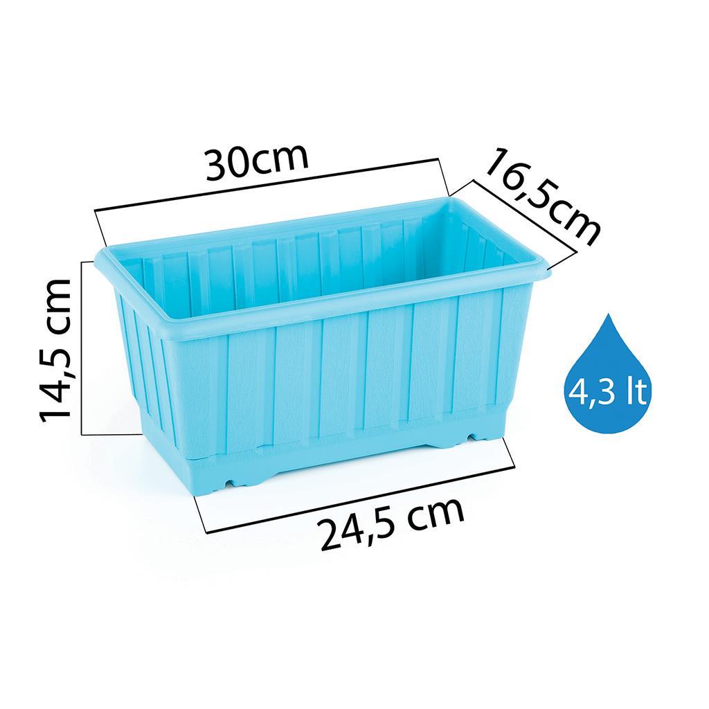 Turkuaz küçük balkon saksısı ölçüleri: 30 cm üst, 24,5 cm taban uzunluk, 16,5 cm genişlik, 14,5 cm yükseklik, 4,3 litre