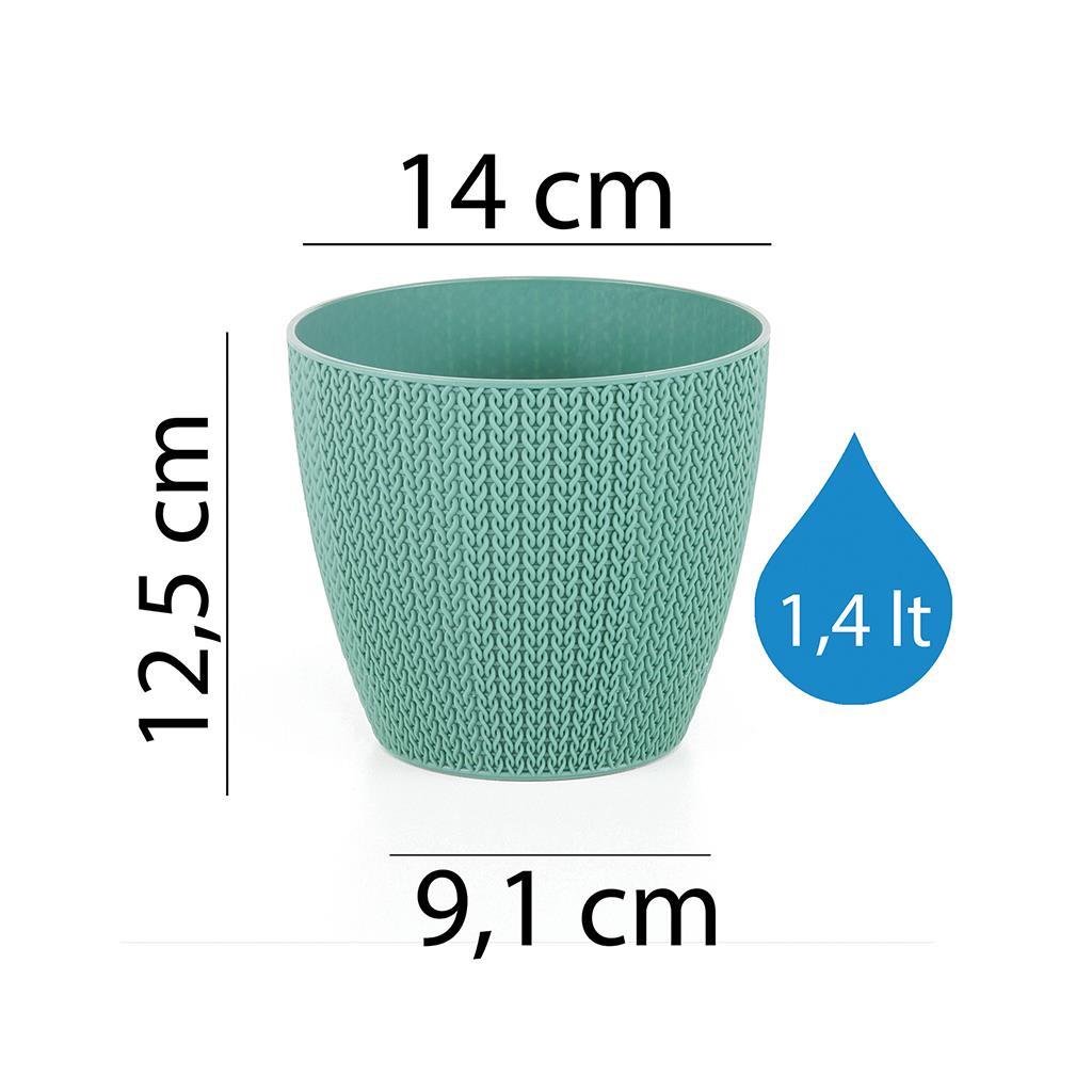 Mint yeşili Sümela saksı ölçüleri: 14 cm çap, 9,1 cm taban, 12,5 cm yükseklik, 1,4 litre