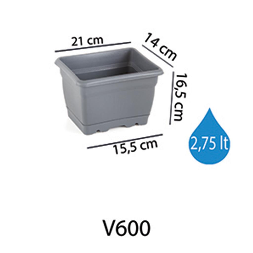 Antrasit Villa saksı V600 ölçüleri: 21 cm üst, 15,5 cm taban uzunluk, 14 cm genişlik, 16,5 cm yükseklik, 2,75 litre